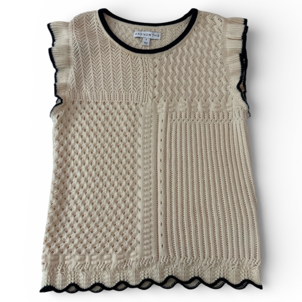 And Now This Cream Cable Knit Flutter Sleeve Top Size M Viscose Blend - Picture 2 of 7